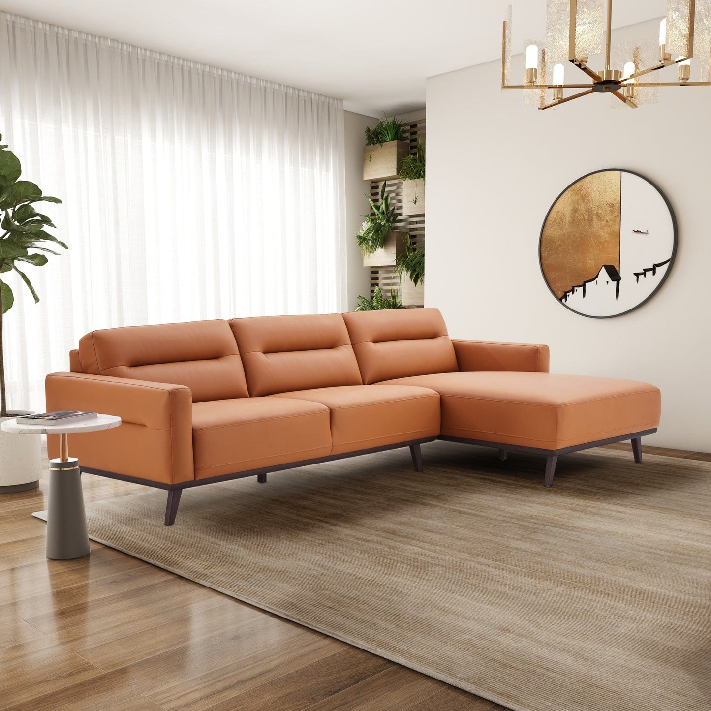 Ashcroft Ella L-Shaped Cognac Vegan Leather Right Sectional Couch
