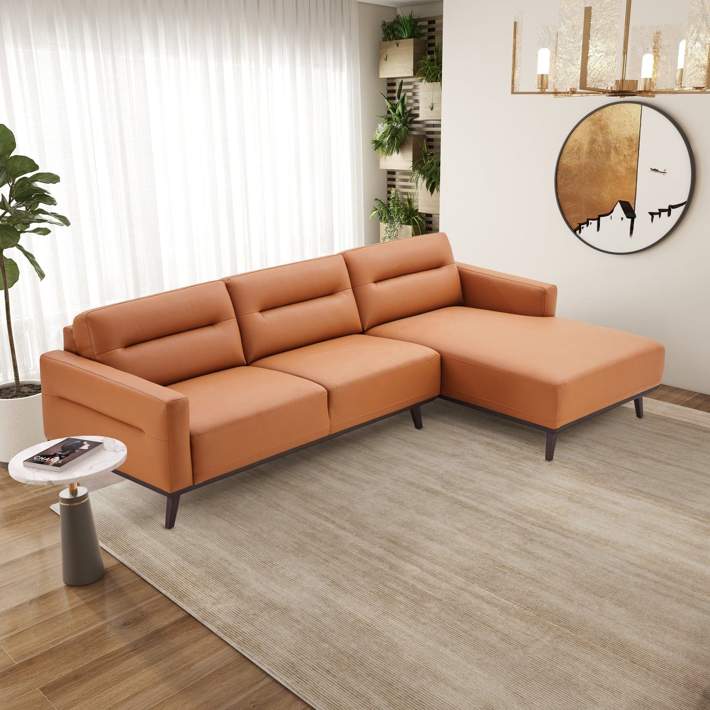 Ashcroft Ella L-Shaped Cognac Vegan Leather Right Sectional Couch