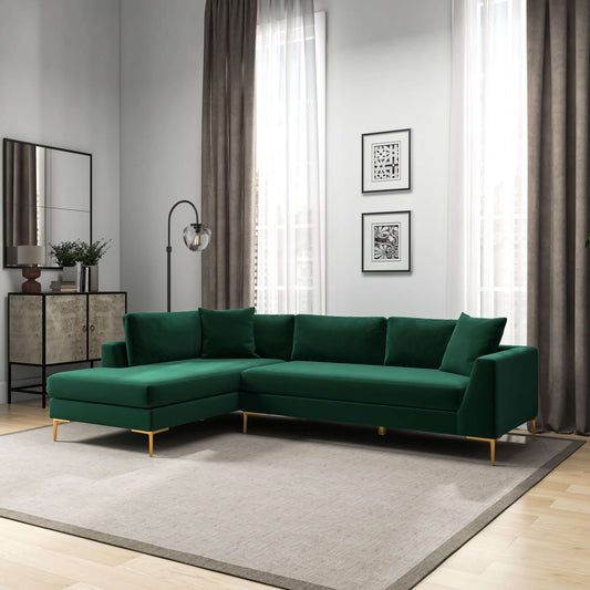 Ashcroft Mano L-Shaped Velvet Sectional Sofa In Green Left Facing