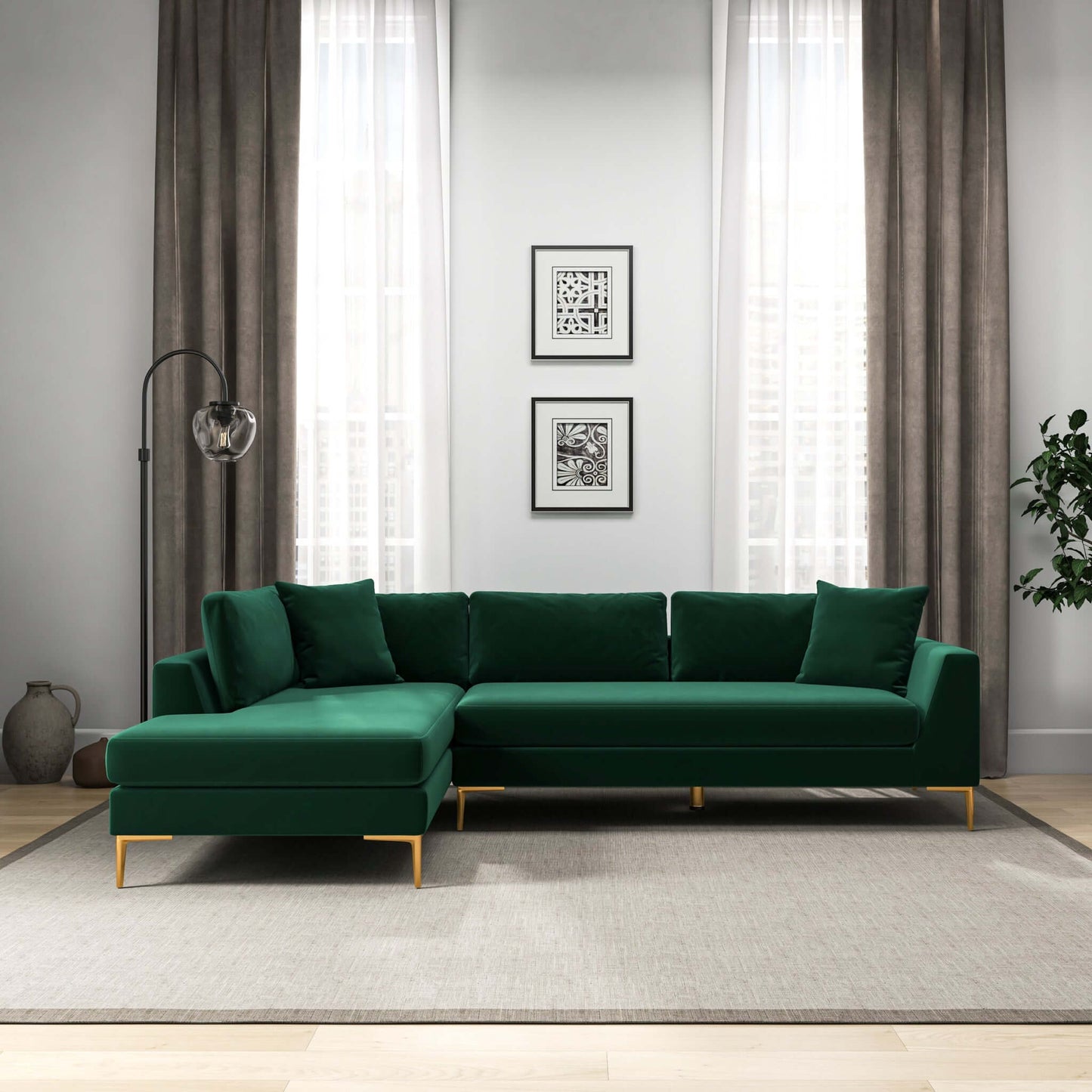 Ashcroft Mano L-Shaped Velvet Sectional Sofa In Green Left Facing