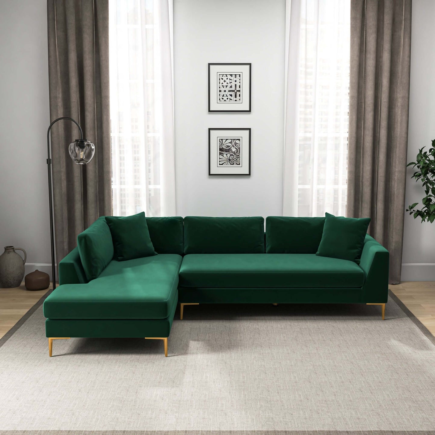 Ashcroft Mano L-Shaped Velvet Sectional Sofa In Green Left Facing