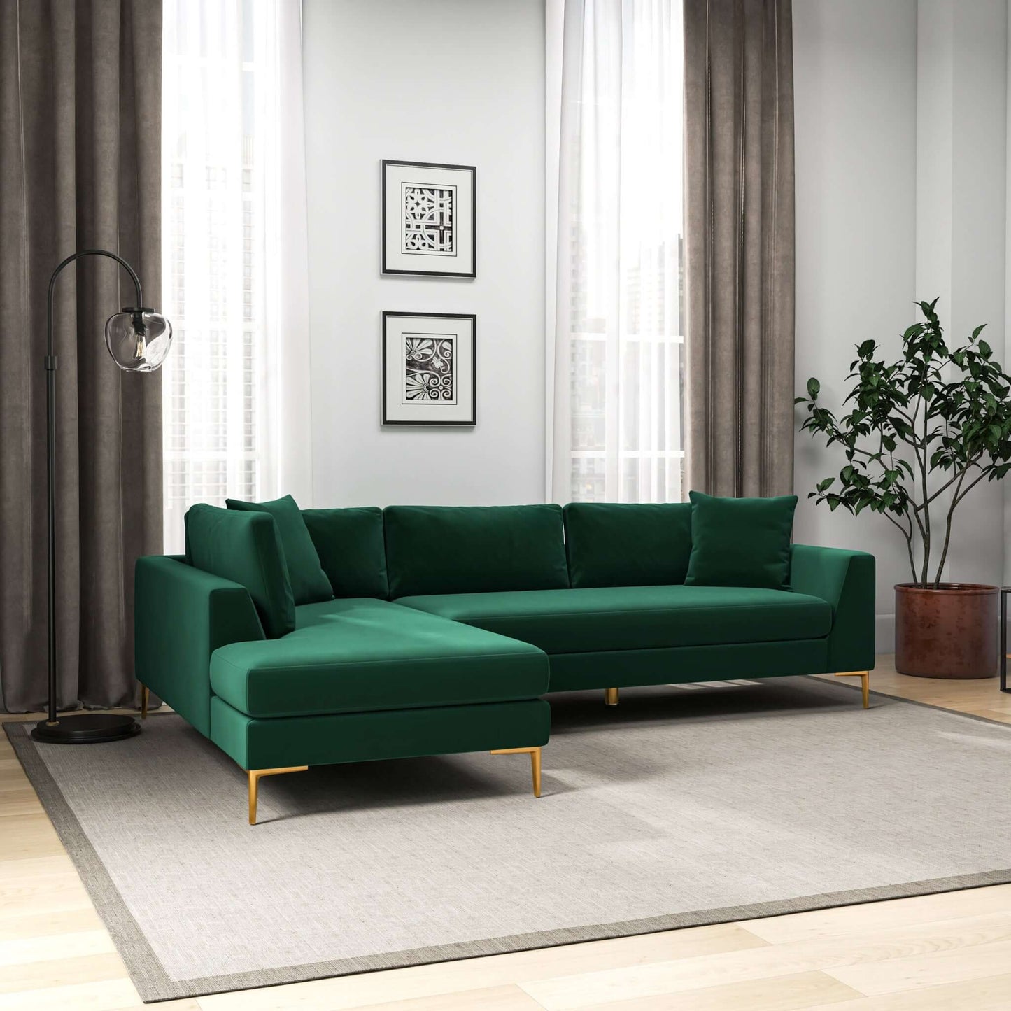 Ashcroft Mano L-Shaped Velvet Sectional Sofa In Green Left Facing