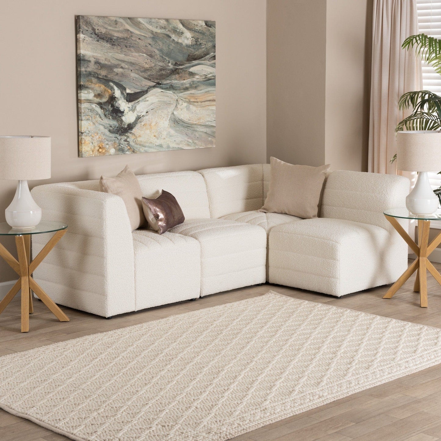 Baxton Maya Modern White Boucle Fabric Modular Sectional Sofa