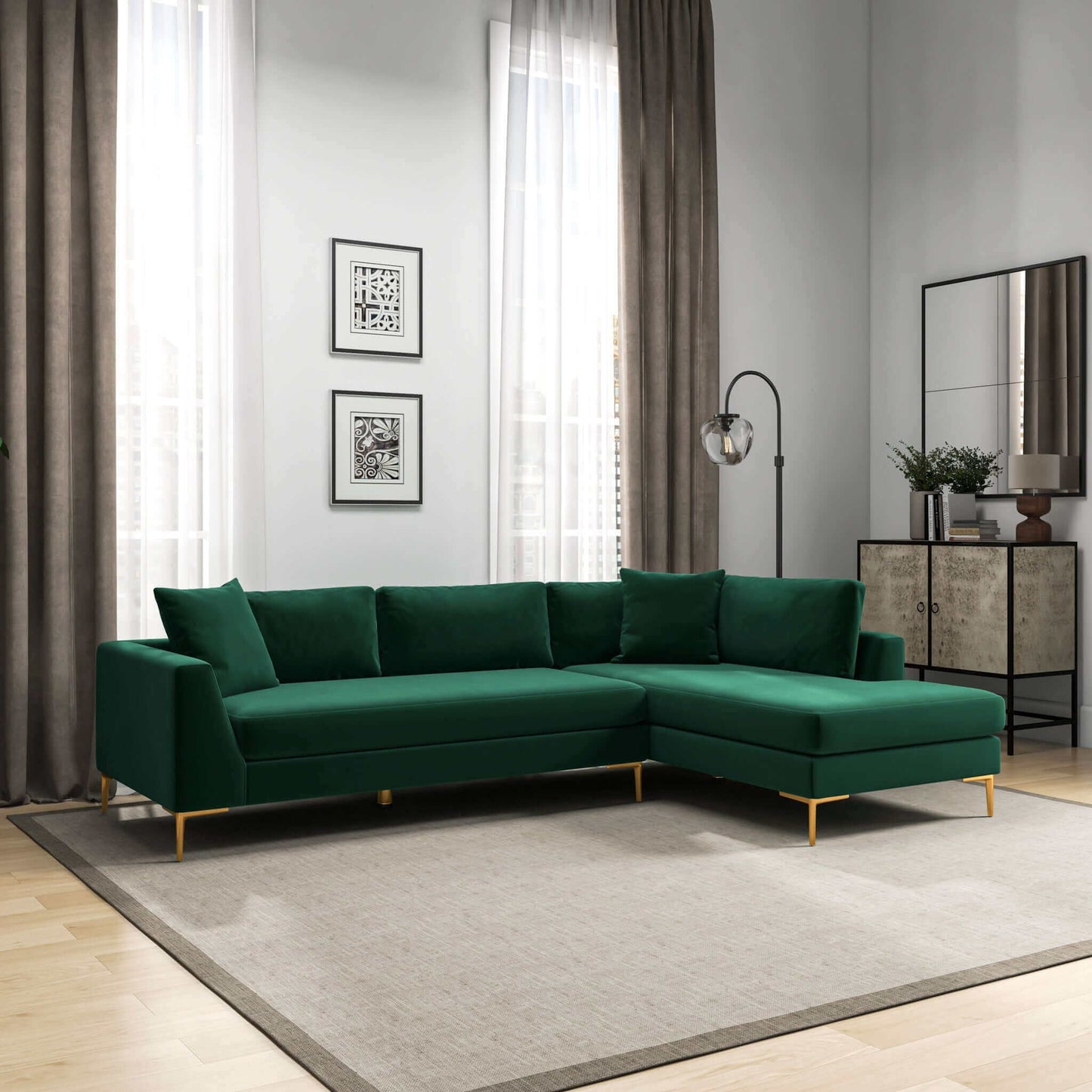 Ashcroft Mano L-Shaped Velvet Sectional Sofa In Green Right Facing