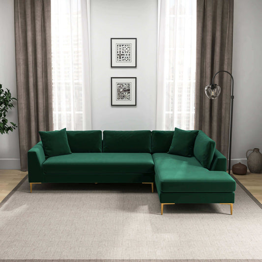 Ashcroft Mano L-Shaped Velvet Sectional Sofa In Green Right Facing