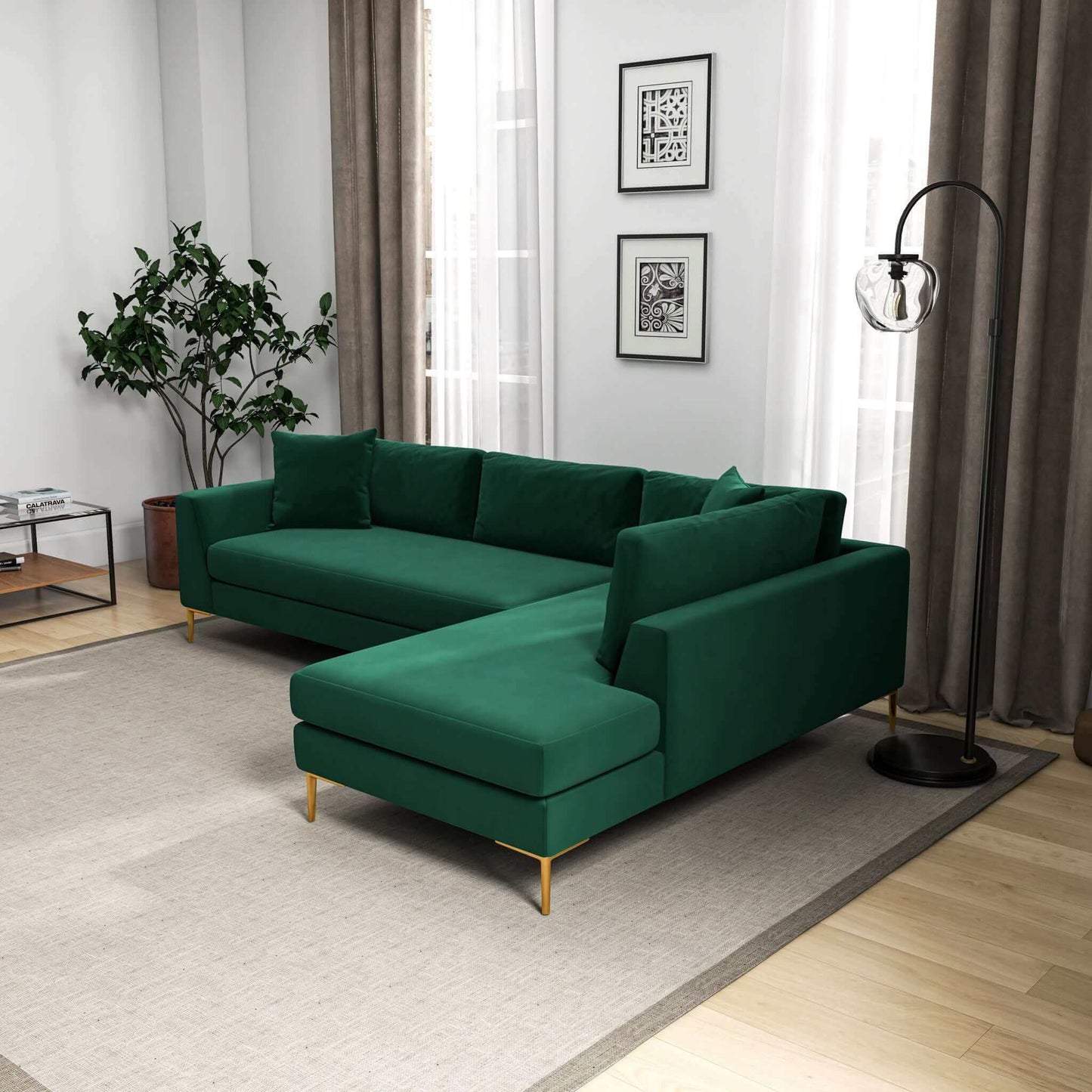 Ashcroft Mano L-Shaped Velvet Sectional Sofa In Green Right Facing