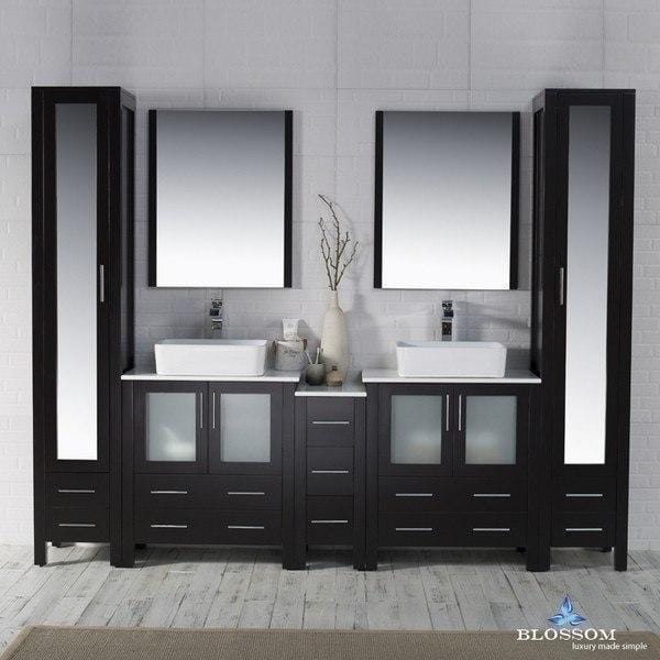Blossom Sydney 102 Inch Vanity Set with Vessel Sinks and Mirror Linen Cabinet in Espresso