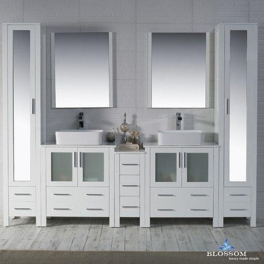 Blossom  Sydney 102 Inch Vanity Set with Vessel Sinks and Mirror Linen Cabinet in Glossy White