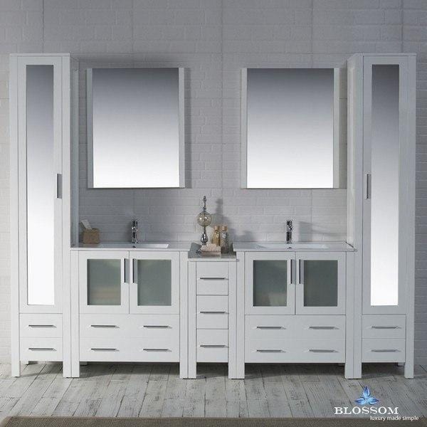 Blossom Sydney 102 Inch Vanity Set with Mirror Linen Cabinet in Glossy White