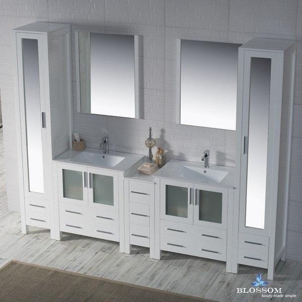 Blossom Sydney 102 Inch Vanity Set with Mirror Linen Cabinet in Glossy White