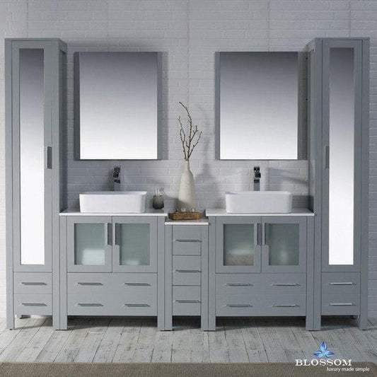 Blossom  Sydney 102 Inch Vanity Set with Vessel Sinks and Mirror Linen Cabinet in Metal Grey