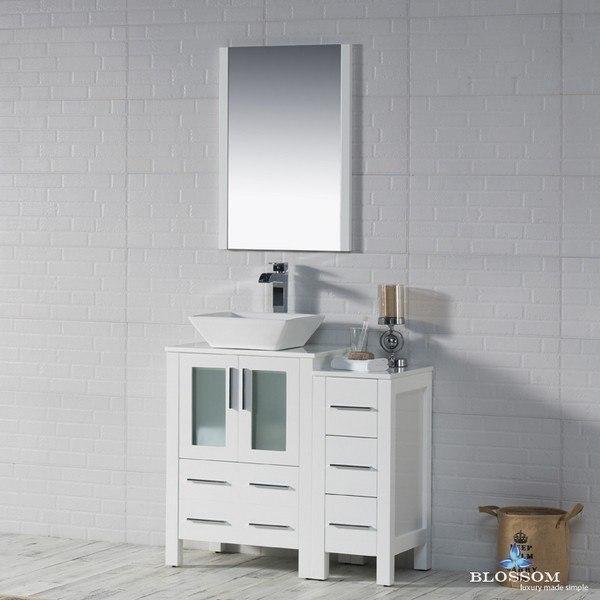 Blossom Sydney 36 Inch Vanity Set with Vessel Sink and Side Cabinet in Glossy White