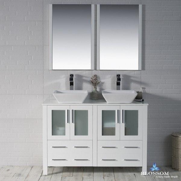 Blossom Sydney 48 Inch Double Vanity Set with Vessel Sinks and Mirrors in Glossy White