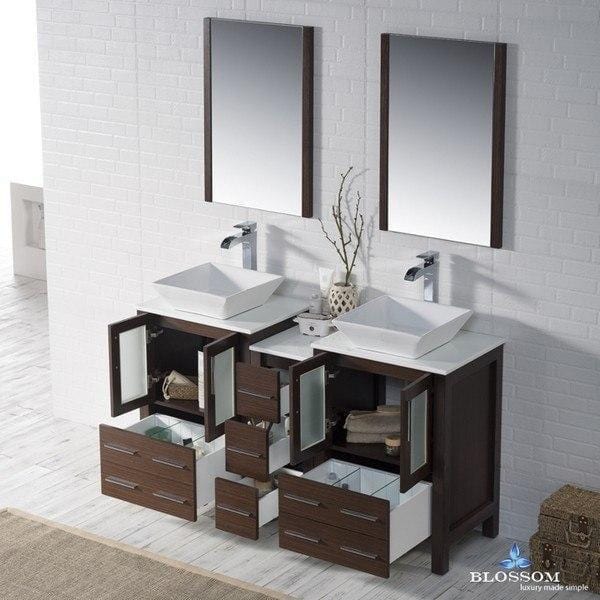Blossom  Sydney 60 Inch Double Vanity Set with Vessel Sinks and Mirrors in Wenge
