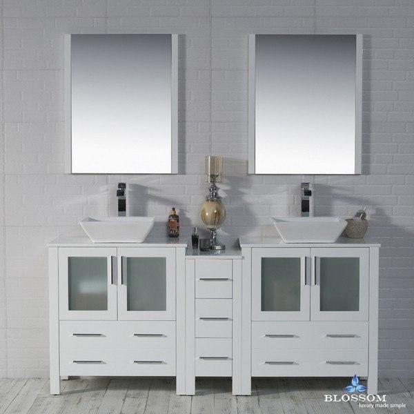 Blossom Sydney 72 Inch Double Vanity Set with Vessel Sinks and Mirrors in Glossy White