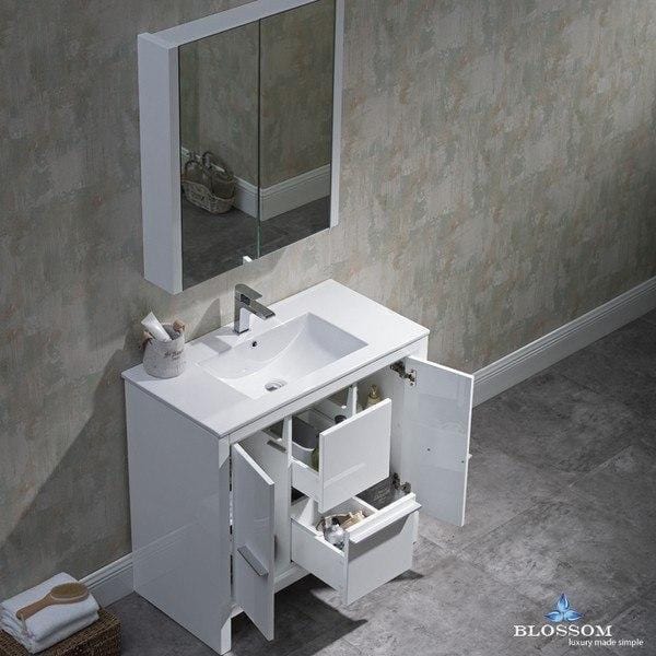 Blossom  Milan 36 Inch Vanity Set Medicine Cabinet and Sink in Glossy White