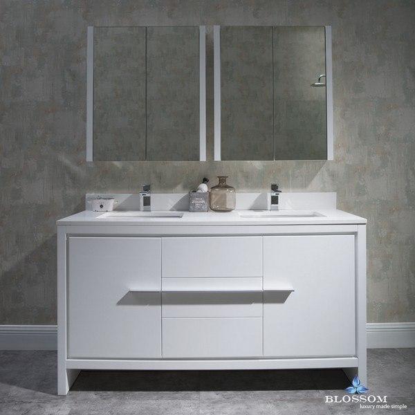 Blossom Milan 60 Inch Double Vanity Set with Medicine Cabinets in Glossy White