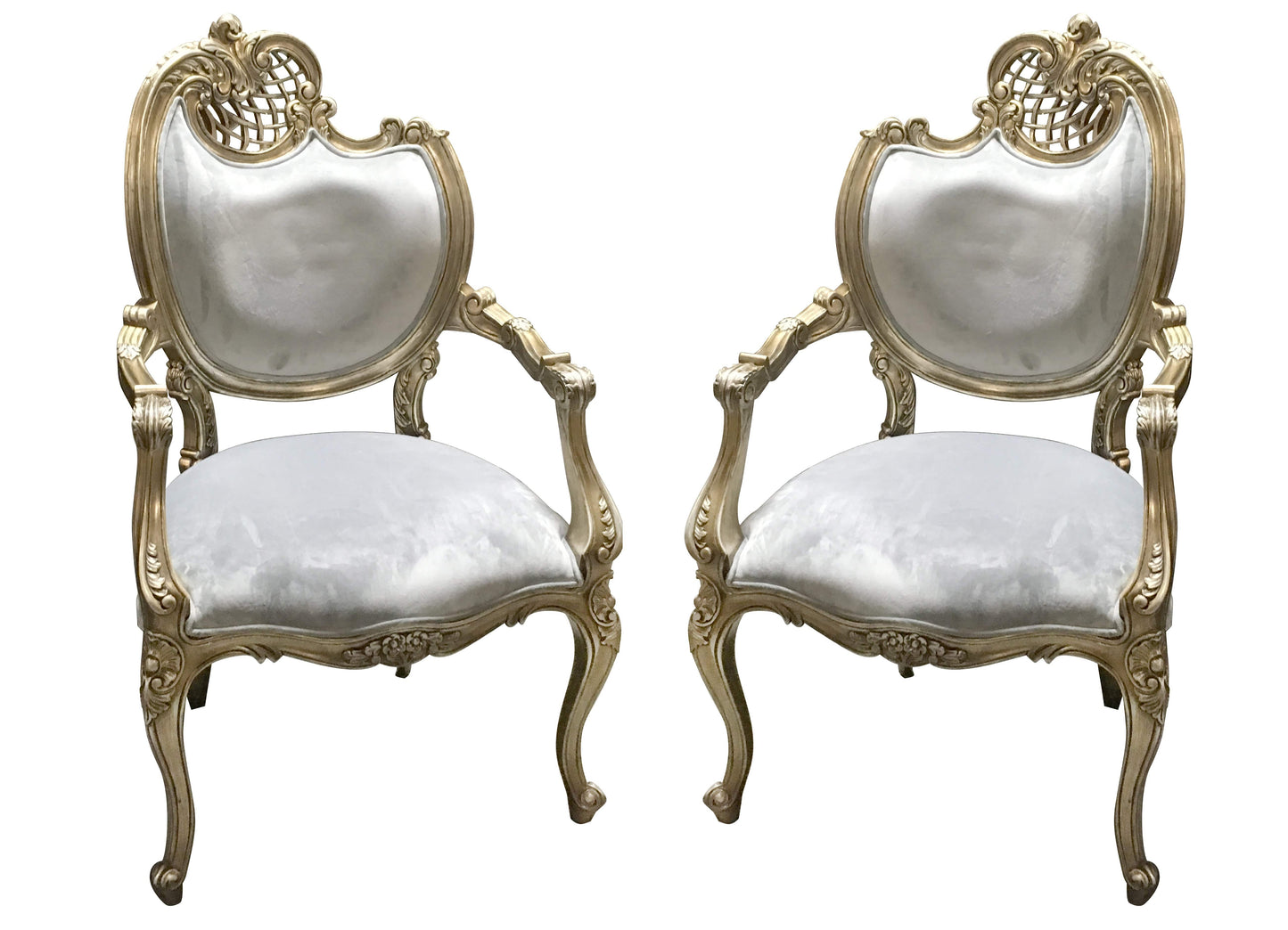 AFD Pair of French Rococo Mahogany Fire Side Chairs in  Platine Silver Finish