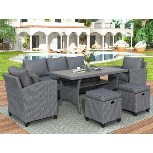 Burano Furniture 6 Piece Outdoor Rattan Wicker Set Patio Garden Backyard Sofa, Chair, Stools and Table in Grey - SH000036AAA