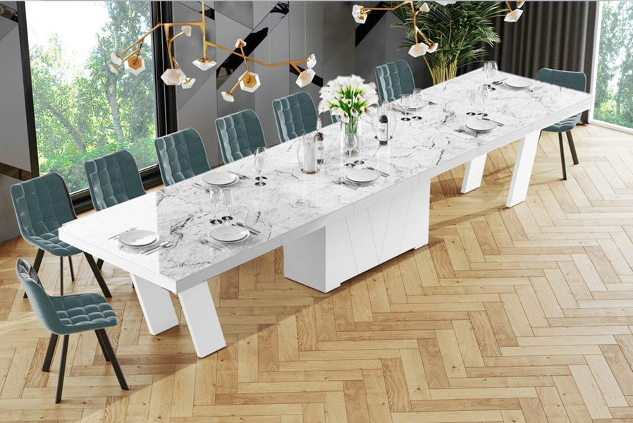 Dining Set ALETA 11 pcs. modern glossy Dining Table with 4 self-starting leaves plus 10 chairs