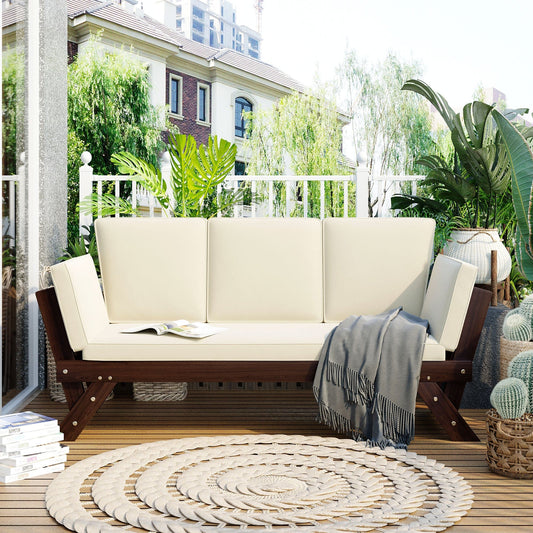 TOPMAX Outdoor Adjustable Patio Wooden Daybed Sofa Chaise Lounge, Brown Finish Beige Cushion
