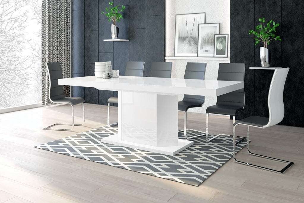 Dining Set DIEGO 7 pcs. white modern glossy Dining Table with 2 self-starting leaves plus 6 chairs
