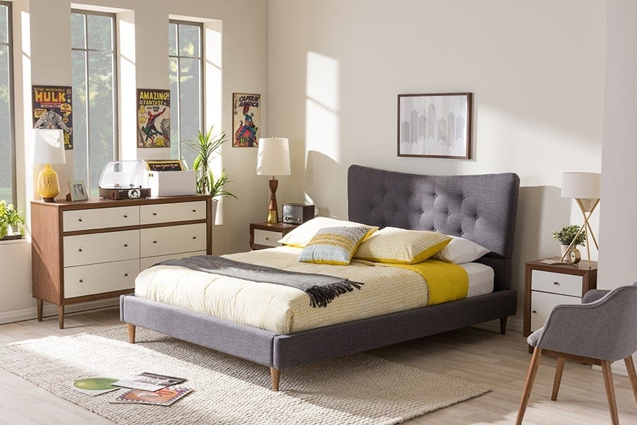 Baxton Studio Hannah Mid-Century Modern Dark Grey Fabric King Size Platform Bed