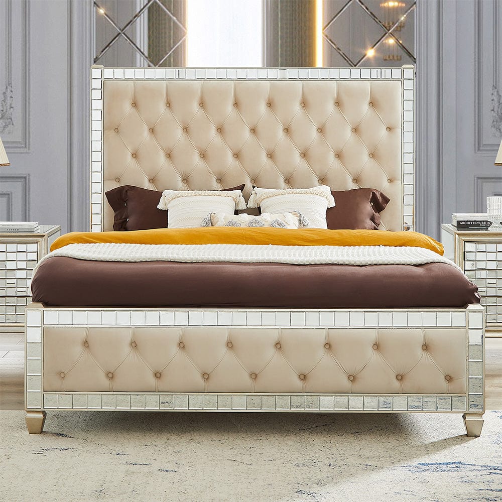 HD-1090 5PC King Creme and Silver Tufted Bedroom Set