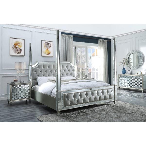 HD-6001 Silver and Mirrored King Canopy 5 Pc Set