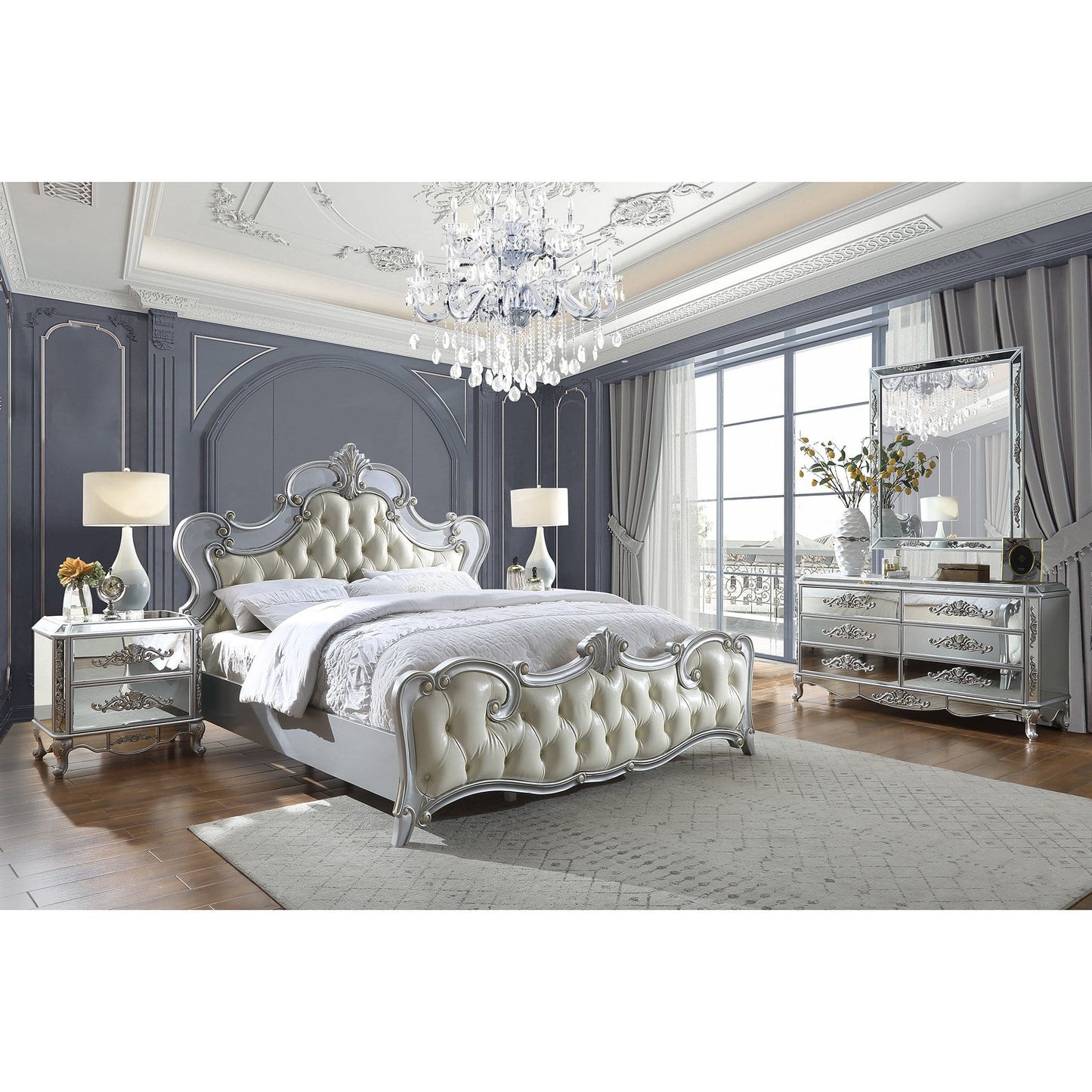 HD-6036 Luna Silver Tufted 5 PC King Bed Set by Homey Design