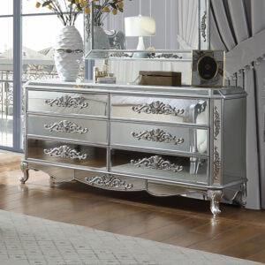Homey Design HD-6036 Luna Silver & Mirror 6 Drawer Dresser