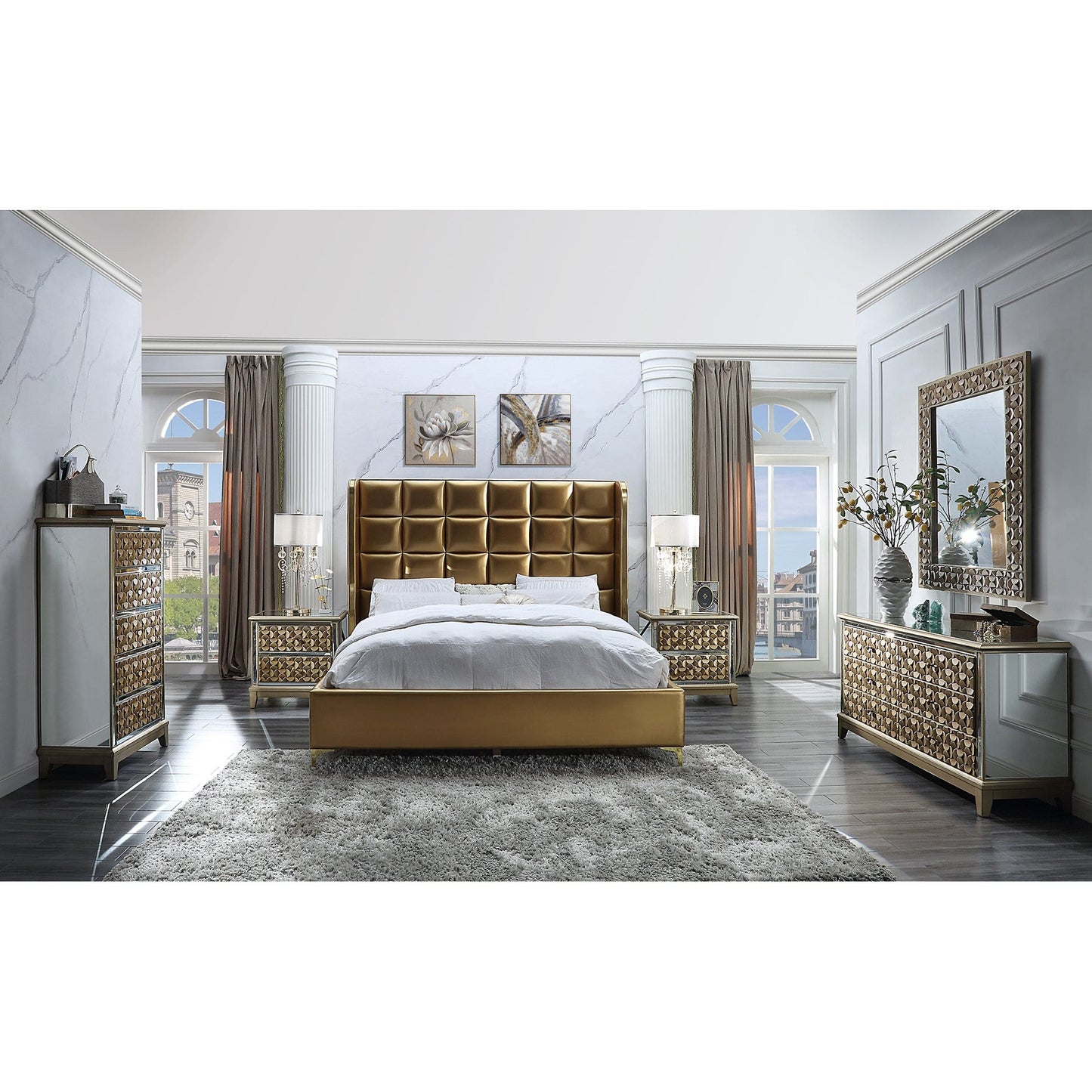 Homey Design Antique Gold & Mirrored 5 PC Bedroom Set HD-6065
