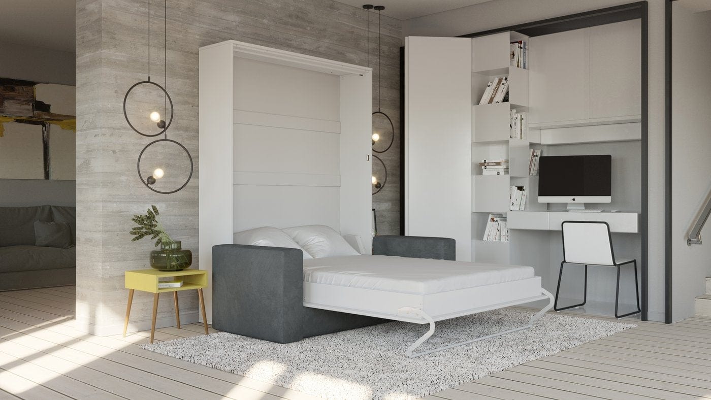 Invento Queen Vertical Murphy Bed with a Gray Sofa