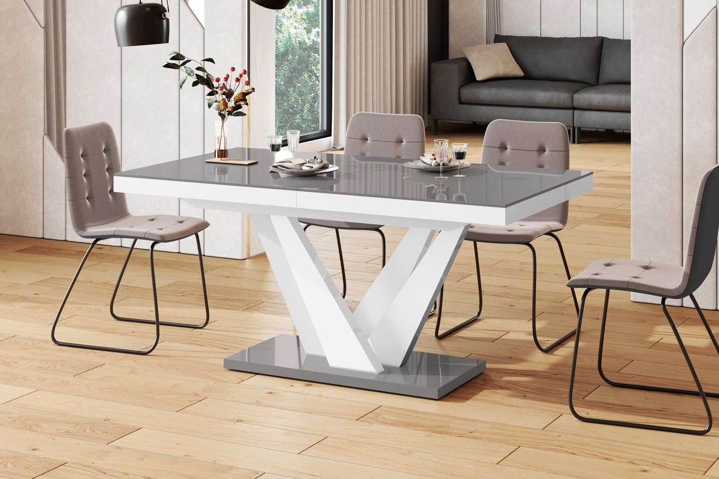 Dining Set CHARA 7 pcs. gray/white modern glossy Dining Table with 2 self-starting leaves plus 6 chairs