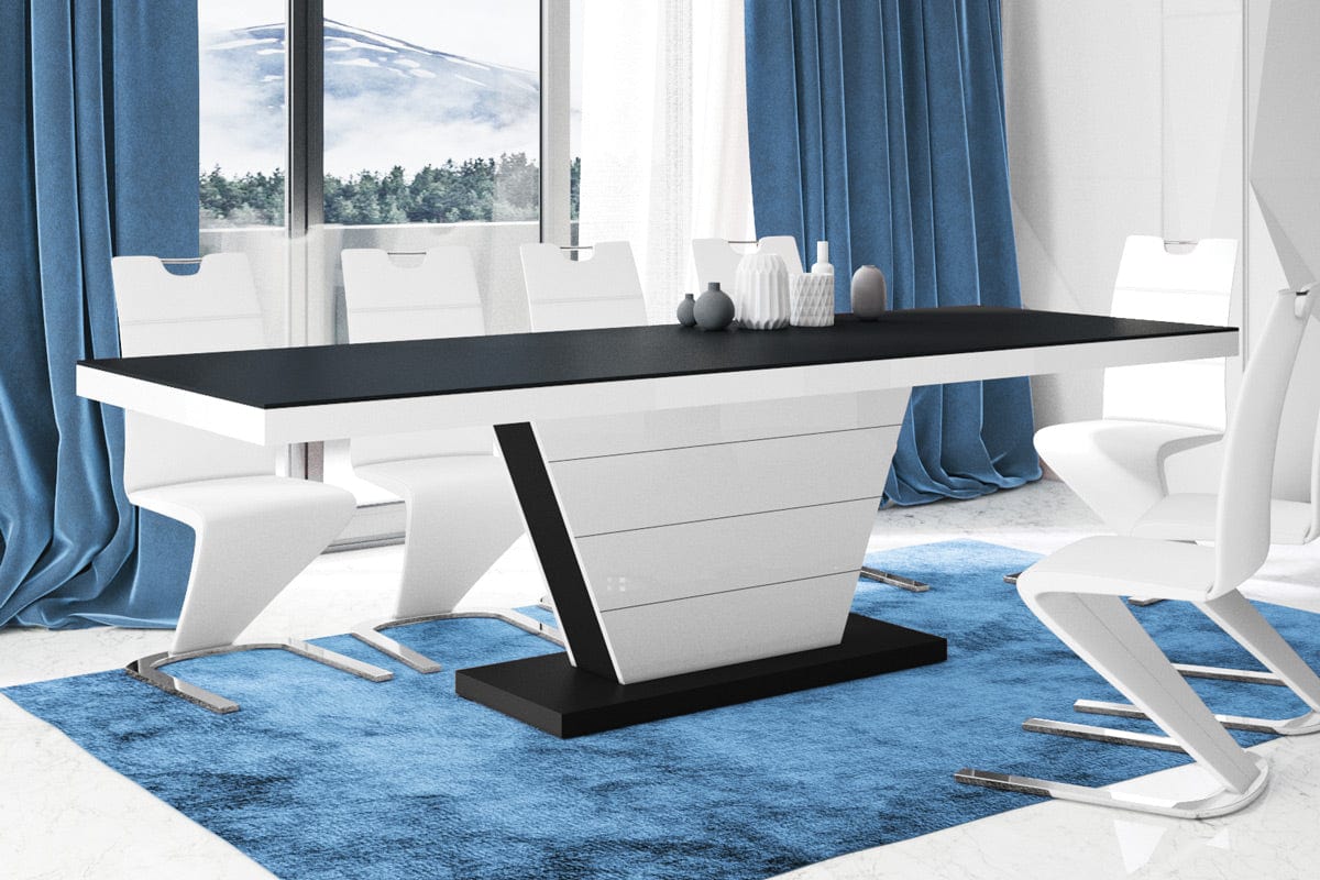 Dining Set MEGA 7 pcs. black/white modern glossy Dining Table with 2 self-starting leaves plus 6 white chairs
