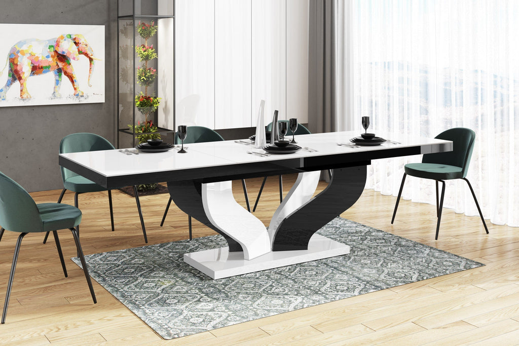 Dining Set AVIVA 7 pcs. white/ black modern glossy Dining Table with 2 self-starting leaves plus 6 chairs