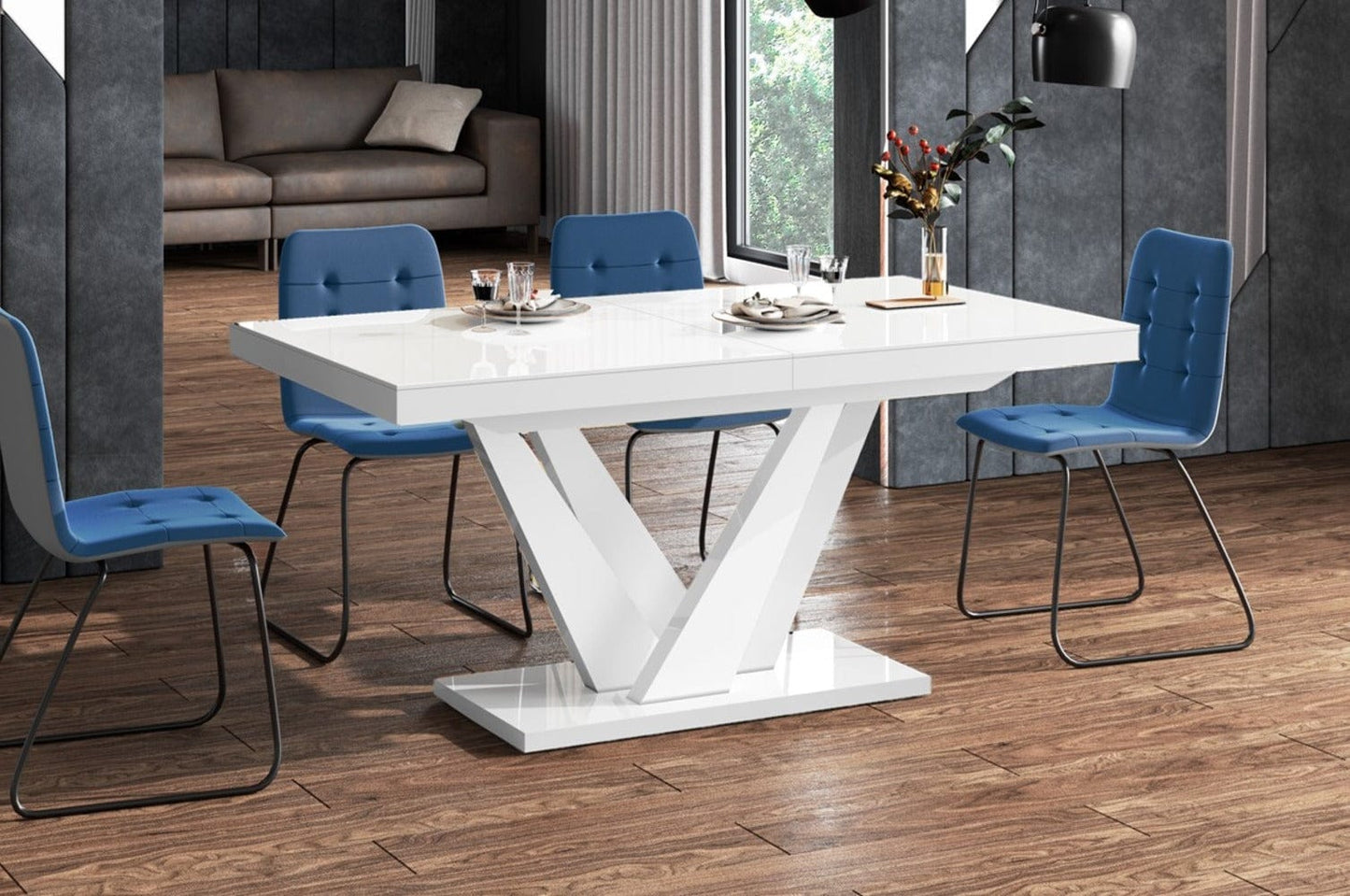 Dining Set CHARA 7 pcs. white modern glossy Dining Table with 2 self-starting leaves plus 6 chairs