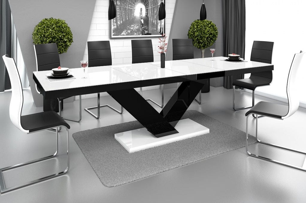 Dining Set TORIA 7 pcs. modern white/ black glossy Dining Table with 2 self-starting leaves plus 6 chairs