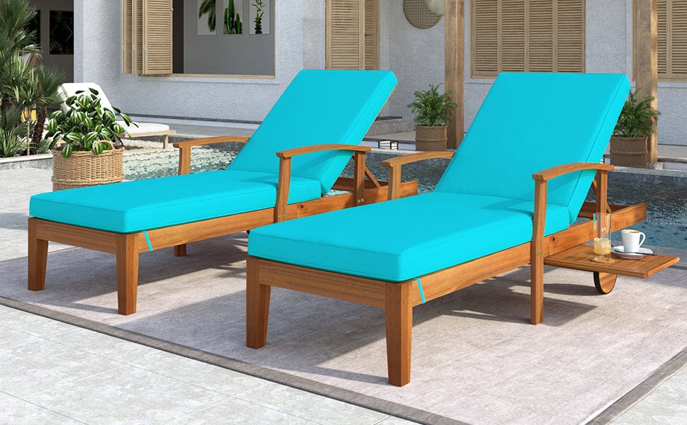 TOPMAX Outdoor Solid Wood 78.8" Chaise Lounge Patio Reclining Daybed with Sliding Cup Table,Wood Finish+Blue Cushion, Set of 2