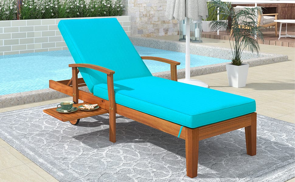 TOPMAX Outdoor Solid Wood 78.8" Blue Chaise Lounge Patio Reclining Daybed with Cushion Brown Wood Finish/Blue Cushion