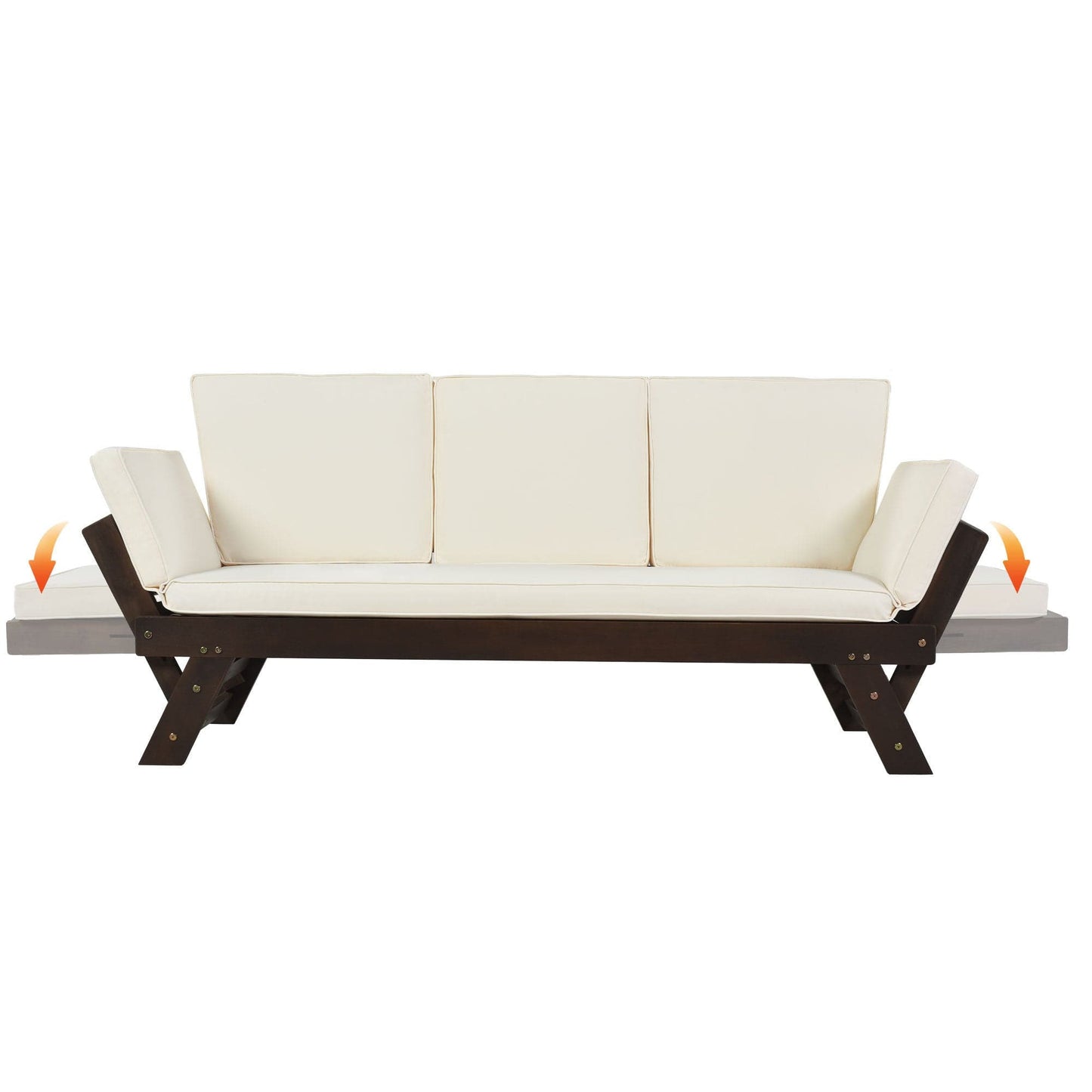 TOPMAX Outdoor Adjustable Patio Wooden Daybed Sofa Chaise Lounge, Brown Finish Beige Cushion